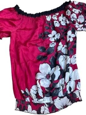 White House Black Market Red Floral Off-Shoulder Blouse